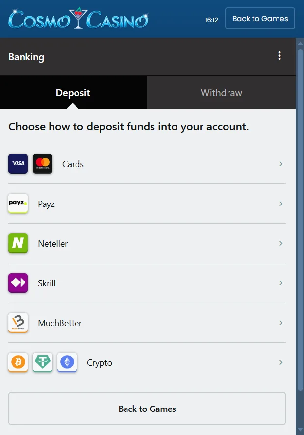 Cosmo Casino Banking Methods